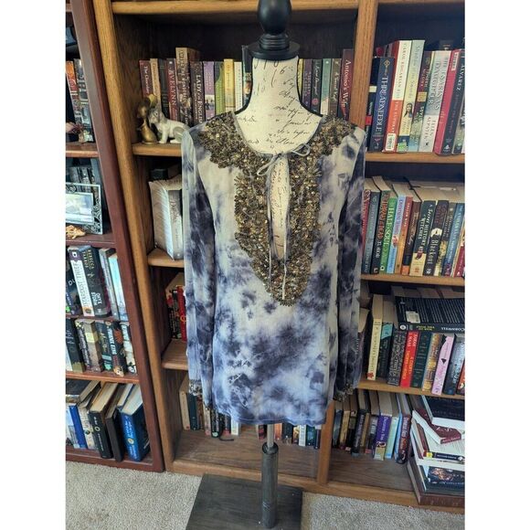AllSaints Women's Size 10 Kaftan Beaded Embellished Pullover Blouse Top Blue - Picture 1 of 8